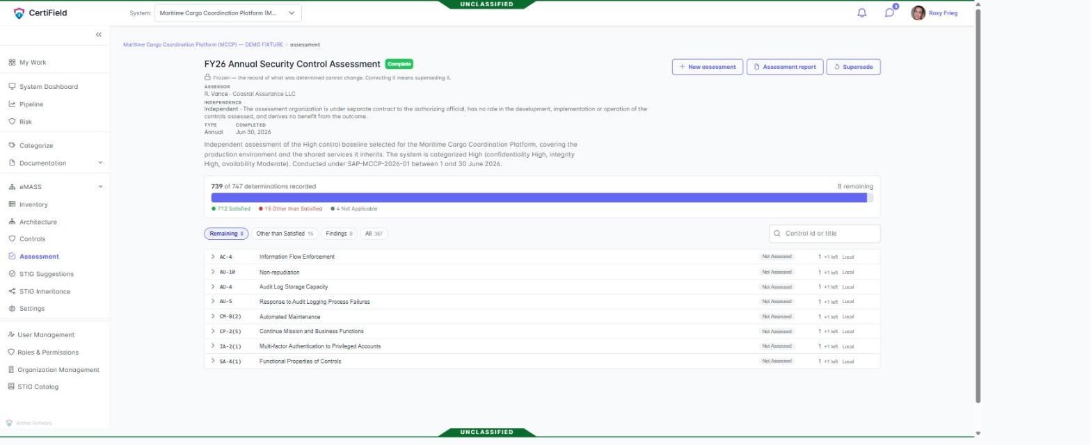 A completed FY26 Annual Security Control Assessment. It is marked Frozen, names the independent assessor and states their independence, and reports 739 of 747 determinations recorded: 712 satisfied, 15 other than satisfied and 4 not applicable, with 8 remaining.