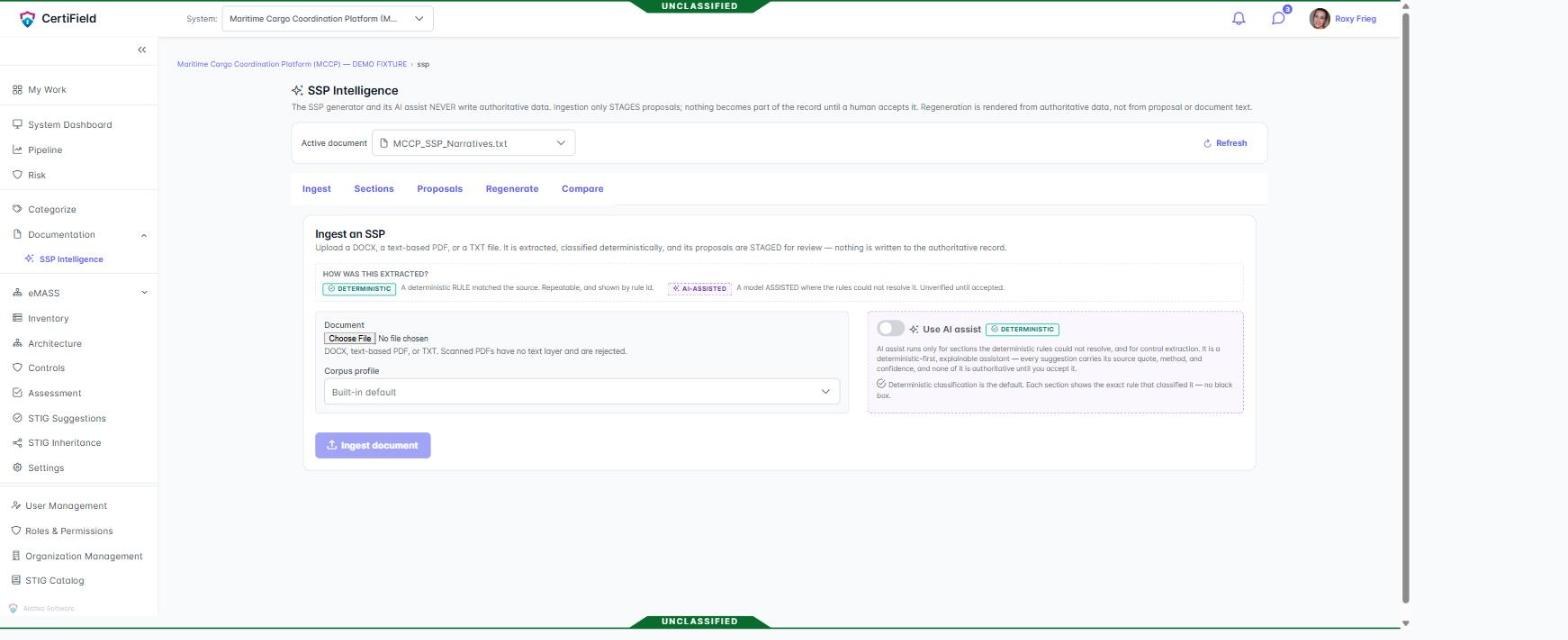 The SSP Intelligence screen. A banner states that the SSP generator and its AI assist never write authoritative data, that ingestion only stages proposals, and that nothing becomes part of the record until a human accepts it. A legend distinguishes deterministic extraction, where a named rule matched the source, from AI-assisted extraction, which is unverified until accepted. AI assist is switched off by default.