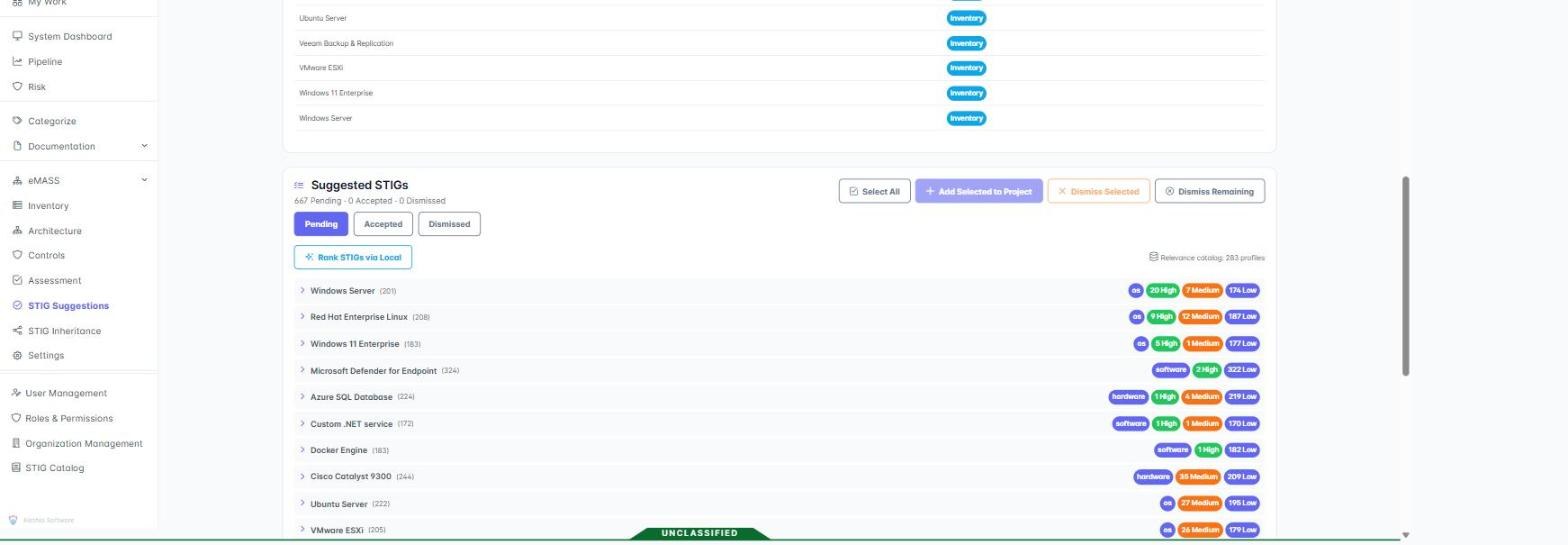 STIG applicability suggestions ranked per technology. Windows Server, Red Hat Enterprise Linux, Windows 11, Microsoft Defender, Azure SQL Database, Docker Engine, Cisco Catalyst, Ubuntu Server and VMware ESXi each show a rule count broken down into high, medium and low severity.